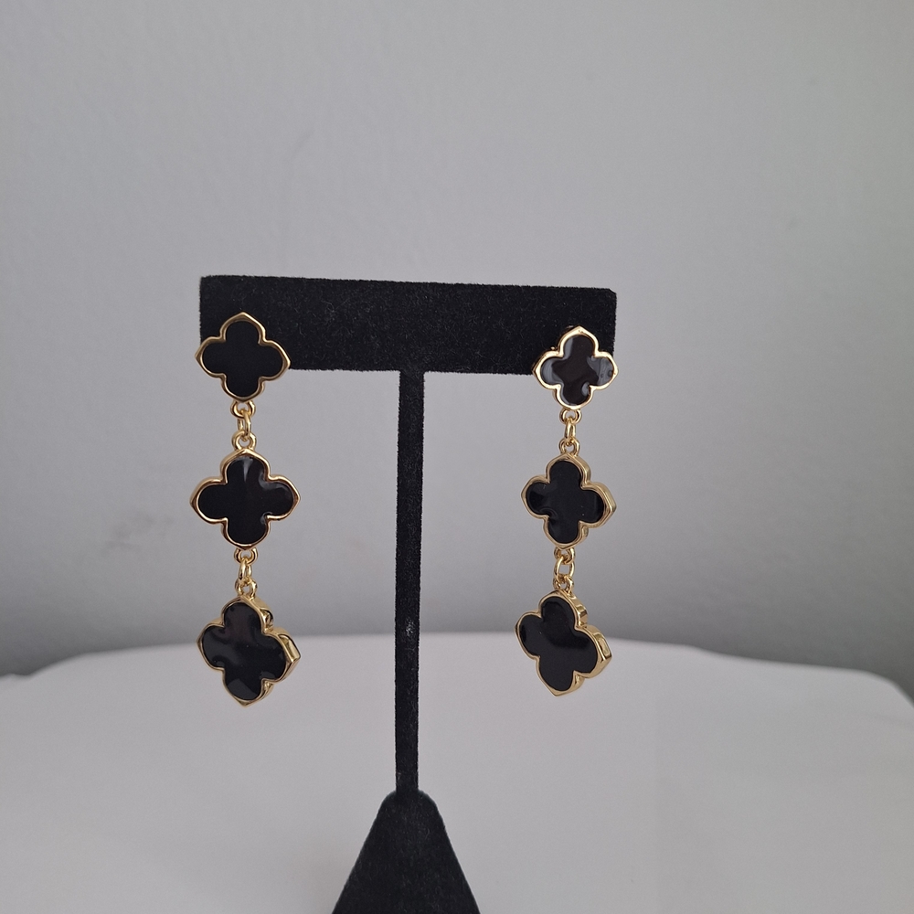 Clover Gold Earrings.Elegant Four Leaf Black, Brand New